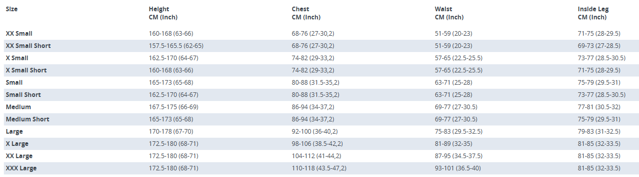 Womens thermocline size chart